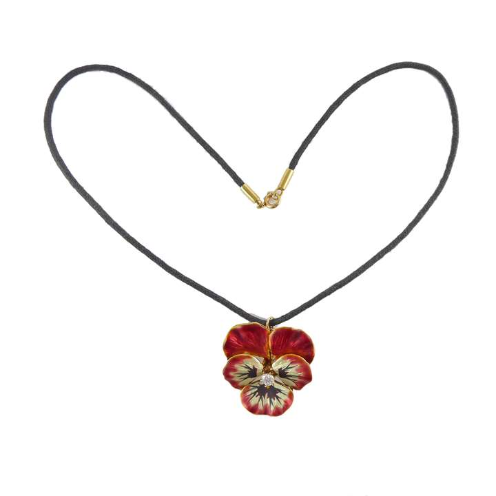 Red and yellow enamel, diamond and gold pansy brooch-pendant, with iridescent finish,